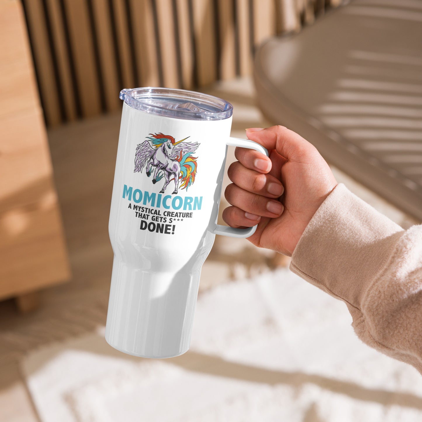 Momicorn Travel Mug with Handle – Mystical Mom Power!