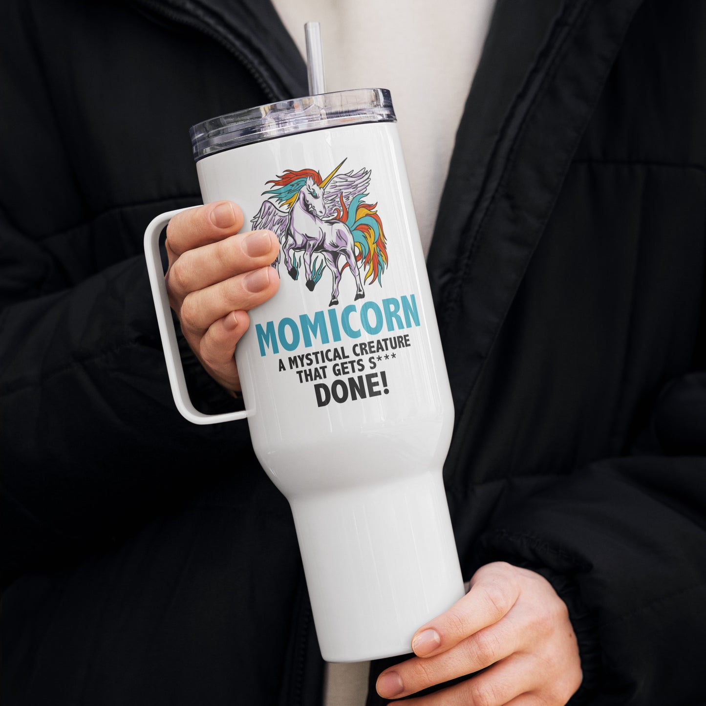 Momicorn Travel Mug with Handle – Mystical Mom Power!