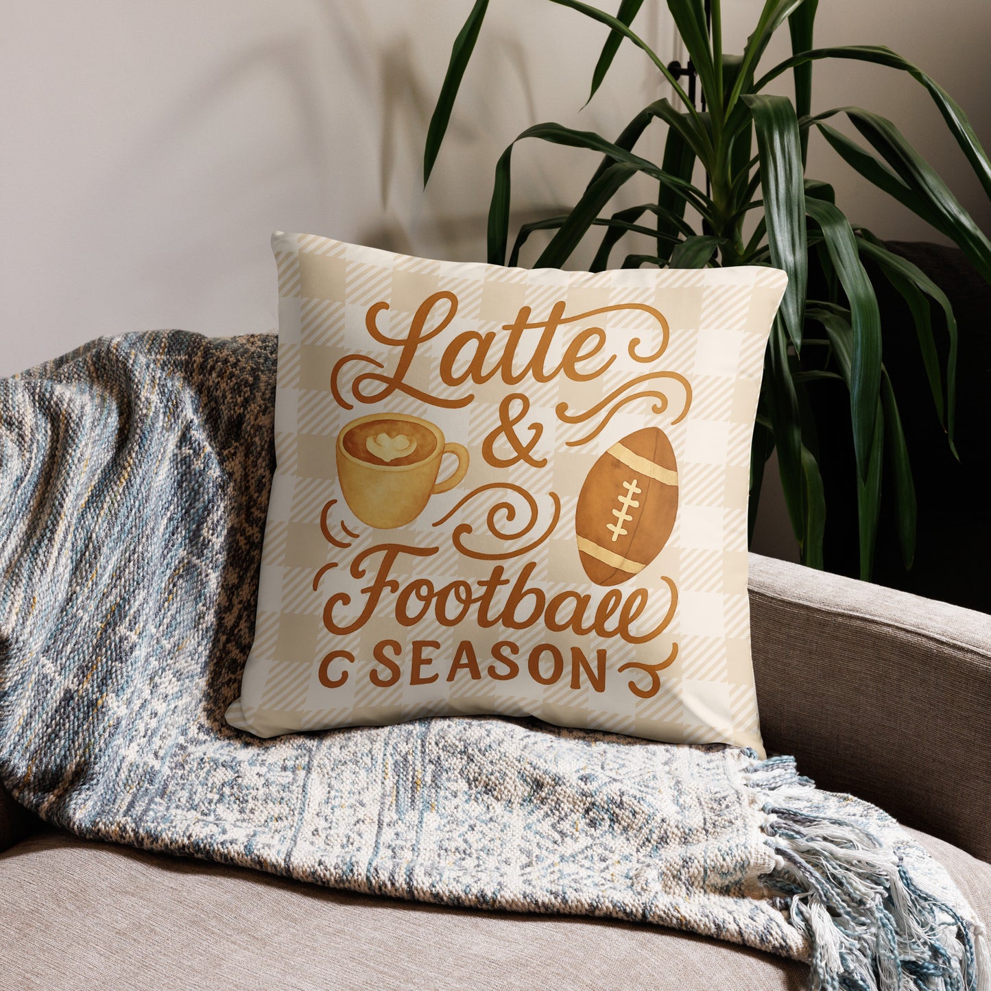 Latte & Football Season Pillow – Cozy Fall Accent