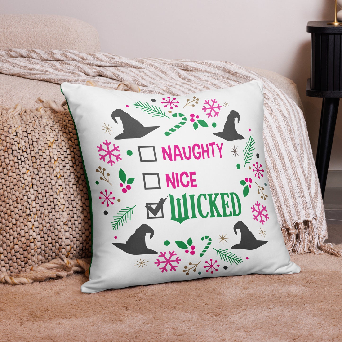 Naughty, Nice, Wicked Throw Pillow Cover