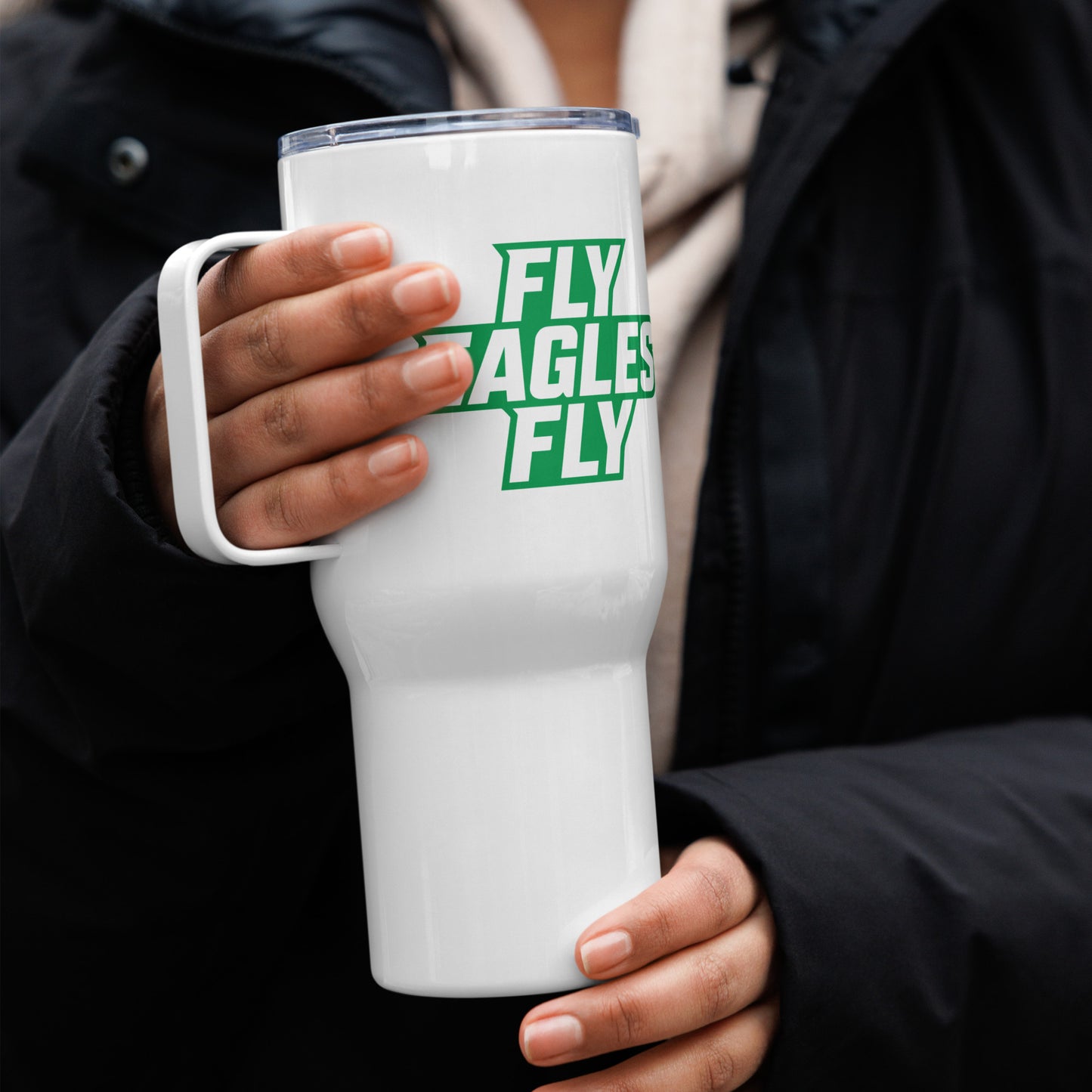 Travel Mug With a Handle Fly Eagles Fly